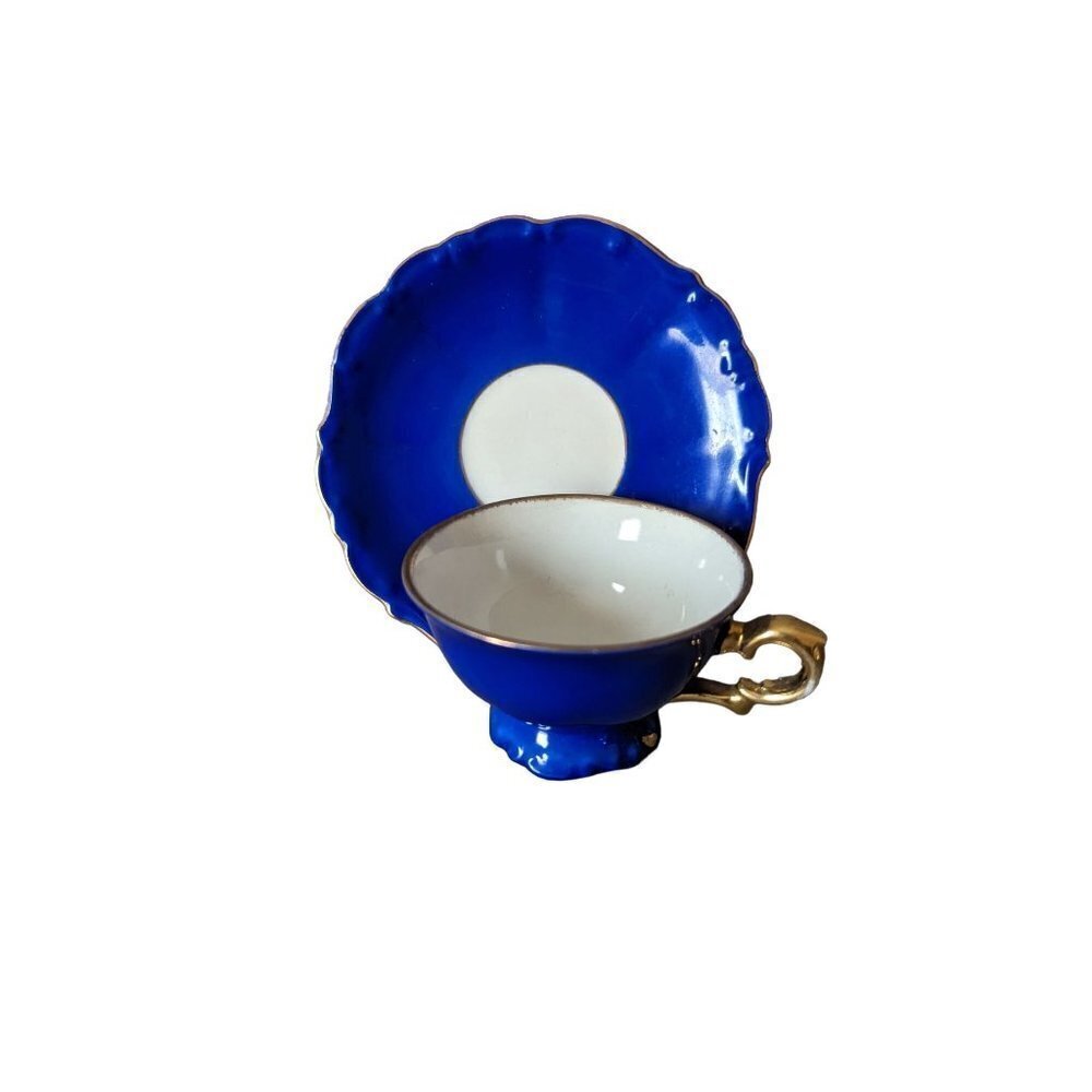 Vintage Bareuther Bavaria Germany Tea Cup & Saucer Blue Gold‎ Trim Demitasse